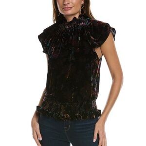 Ramy Brook Zendaya Velvet Floral Blouse Smocked Ruffle Size Small